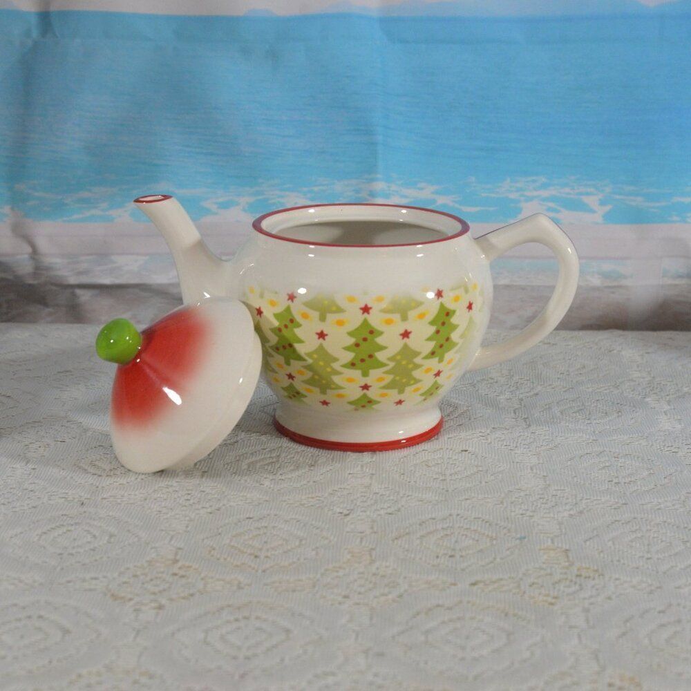 Harry & David Vintage Teapot Christmas Trees Holiday Decoration Red Trim - Picture 3 of 5